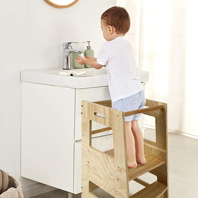 ECOMEX Toddler Standing Tower Kitchen Step Stool for Kids - Adjustable Height Learning Stool with Removable Safety Rail for Bedroom, Bathroom, Natural