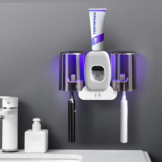 3 in 1 Toothbrush Cleaner Holders,Rechargeable Wall Mounted Toothbrush Holder Toothpaste Dispenser Automatic 2 Cups Tooth Brush Holder for Bathroom, No Drilling, 4 Slots (Grey)