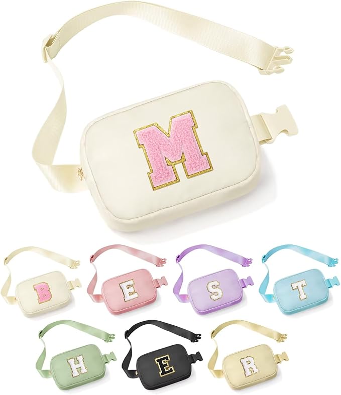 YOOLIFE Initial Crossbody Bag Fanny Pack for Girls Kids, Purse for Little Girl Everywhere Belt Bag Personalized Girls Christmas Gifts Stocking Stuffers, Beige M
