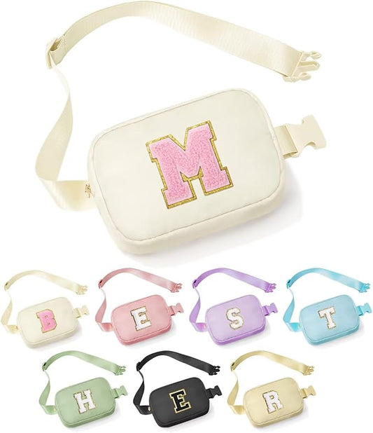 YOOLIFE Initial Crossbody Bag Fanny Pack for Girls Kids, Purse for Little Girl Everywhere Belt Bag Personalized Girls Christmas Gifts Stocking Stuffers, Beige M