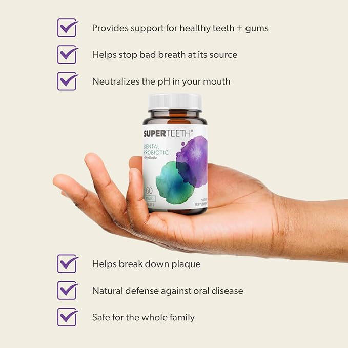 SuperTeeth Chewable Dental Probiotic for Adults & Kids | Support Healthy Teeth & Gums | Oral Health | Fights Bad Breath | BLIS M18 | 60 Mint Flavored Tablets | Fluoride & Sugar Free | Vegan Supplement