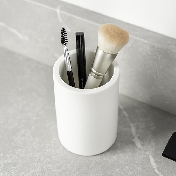 White Resin Bathroom Tumbler Cup - White Toothbrush Holder, 4x2.75 Inch, 12oz Capacity, Minimalist Vanity Countertop Organizer