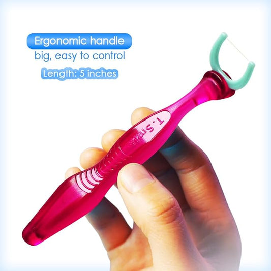 T.Smile NoFuss Dental Flosser Kit, 5-inch Long Handle & Refill Heads, Extra-Strength Floss for Comfortable Clean, Fluoride Free (1 Red Handle + 100 Refills)