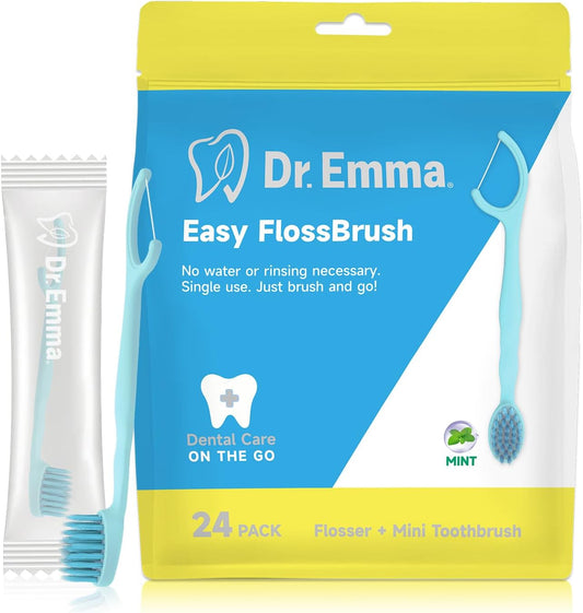 Dr. Emma Mini Brush Disposable Toothbrushes with Floss, Travel Mint Toothbrush for On-The-Go Use, 24 Packs Individually Wrapped Small Portable Toothbrush, Blue