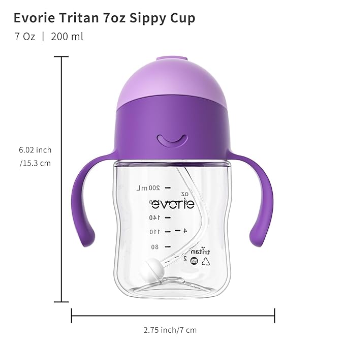 Evorie Tritan Weighted Straw Sippy Cup with Handles for Baby and Toddlers, Spill Proof Baby Water Bottle with Straw for 6 months and up, 7 Oz, Infant Training Water Bottle (Ube)