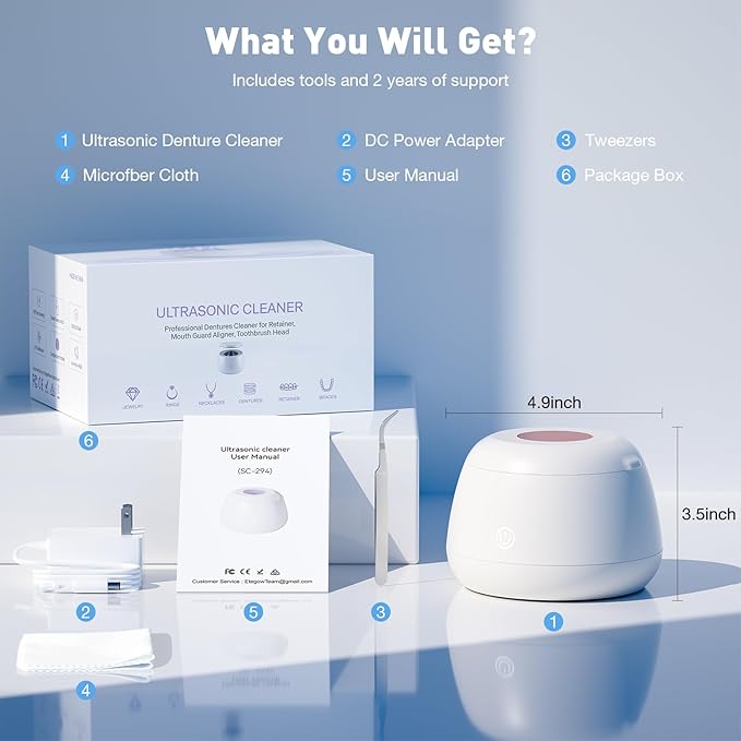 2026 Ultrasonic Retainer Cleaner Machine - 48kHz Dental Cleaning Pod for Denture, Mouth Guards, Aligner, Night Guards, Braces, Jewelry, Toothbrush, Sonic Dental Cleaner with 200ML Capacity