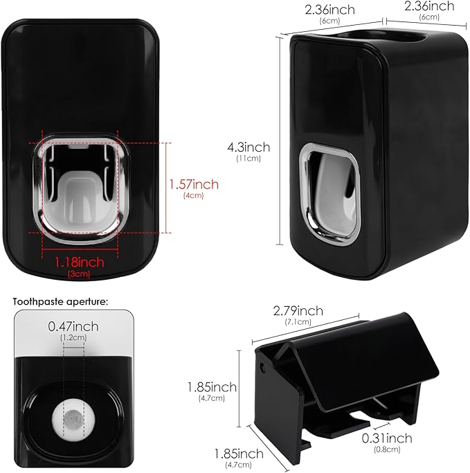 2 Slots Wall Mount Toothbrush Holder with Cover, Self Adhesive Toothbrush Storage Organizer for Shower, Toothbrush Hanger with Automatic Toothpaste Squeezer Dispenser(Black)