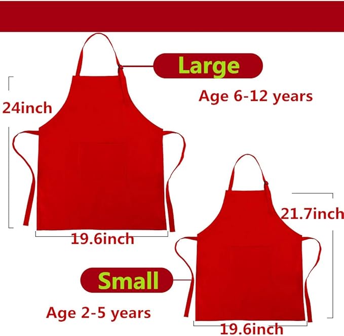 Kids Apron and Chef Hat Set, Adjustable Cotton Child Aprons with Large Pocket Red Girls Boys Kitchen Bib Aprons for Cooking Baking Painting