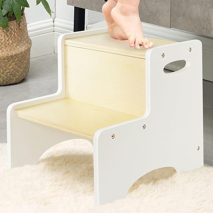 WOOD CITY Kids Step Stool for Toddler, Wooden White-Natural Patchwork Two Step Children's Stools with Handles, Bonus Non-Slip Pads for Safety, Bathroom Potty Stool & Kitchen Step Stools Dual Height
