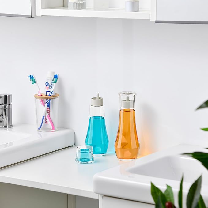 VITVITI Glass Mouthwash Dispenser for Bathroom, 8.8OZ Mouth Wash Container Bottle with Lid Cup, Small Clear Refillable Mouthwash Dispenser Decanter for Countertop