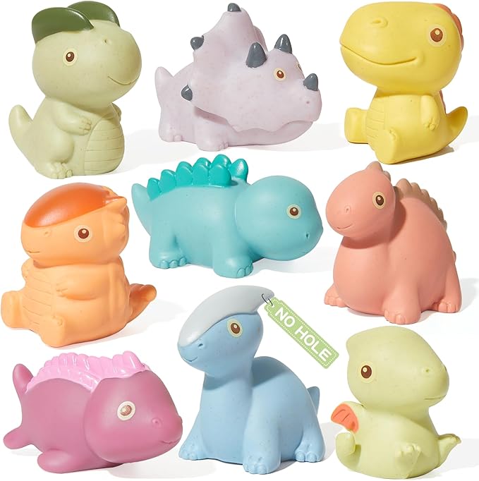 Mold Free Bath Toys, 9 Pack | Sealed, No Hole Bath Toys | Soft, Squeezable & Float on Water | Non-Toxic Easy-Grip Baby & Toddler Bath Toy Set | Baby Gift for Christmas Stocking Stuffers (Dinosaur)