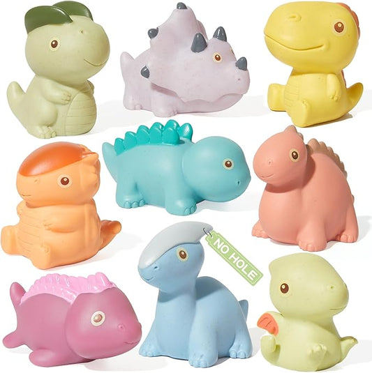 Mold Free Bath Toys, 9 Pack | Sealed, No Hole Bath Toys | Soft, Squeezable & Float on Water | Non-Toxic Easy-Grip Baby & Toddler Bath Toy Set | Baby Gift for Christmas Stocking Stuffers (Dinosaur)
