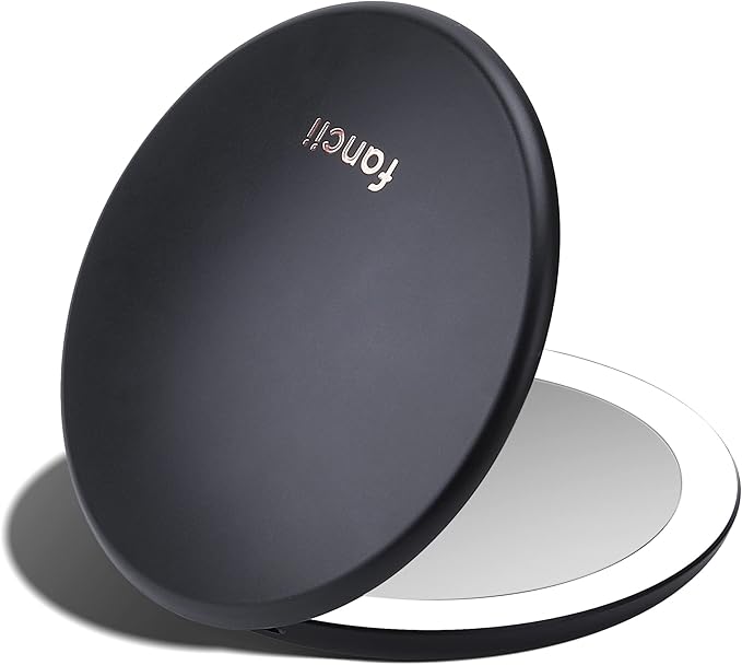 Fancii Taylor LED Lighted Travel Makeup Mirror, Rechargeable with 10x/1x Magnifying & 3 Light Settings - Compact, Portable, Large 5” Wide Hand Mirror for Handbag and Purses (Black)