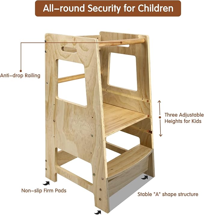 ECOMEX Toddler Standing Tower Kitchen Step Stool for Kids - Adjustable Height Learning Stool with Removable Safety Rail for Bedroom, Bathroom, Natural