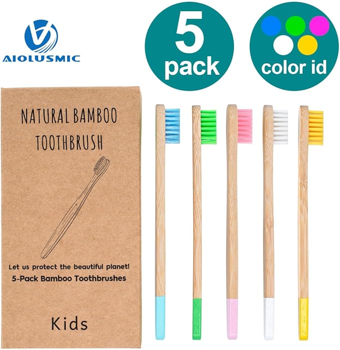 Kids Bamboo Toothbrushes 5 Pack, Children's Toothbrush Soft Bristles Eco Friendly Biodegradable Wooden Handle Tooth Brush