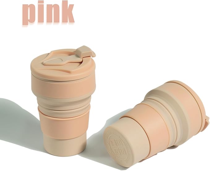 Collapsible Cup for Traveling, 12Oz Collapsible Silicone Travel Cup for Hot and Cold Drinks, Leak Proof Reusable Folding Travel Coffee Mug for Camping & Hiking, Pink