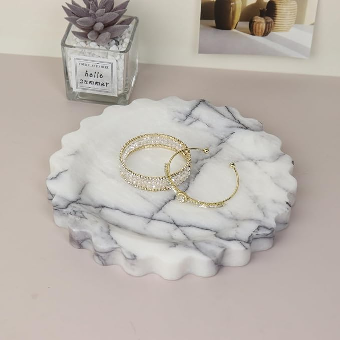 Round Marble Decorative Tray with Scalloped Edge, Luxury Natural Stone Bathroom Vanity Tray, Dresser Top Perfume Coffee Home Kitchen Sink Tray, Key Trinket Ring