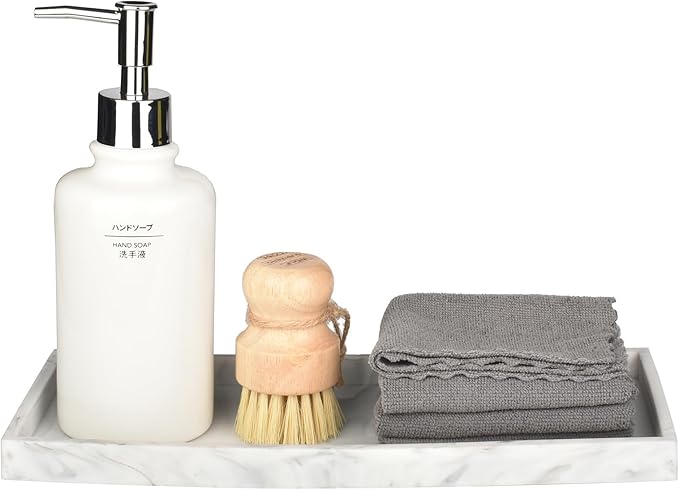 DNC Silicone Bathroom Vanity Tray for Counter, 11.8" Kitchen Sink Soap Tray for Dish Holder Dispenser Countertop Toilet Tank Decor Organizer Marble White