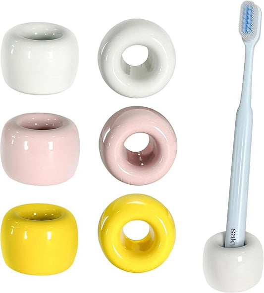 6-Pack Mini Ceramic Toothbrush Holders – Bathroom Countertop Organizers | Compact Hygienic Brush Stands | White, Pink & Yellow