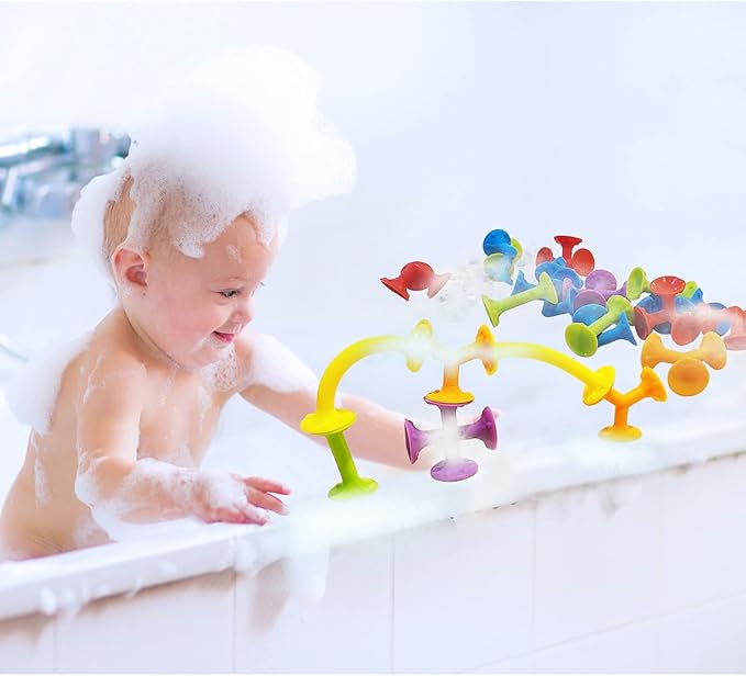 Froogly - 100 Piece Suction Toys - Montessori Bath & Construction Building Set - Silicone Toys for Toddlers & Kids Ages 3-6