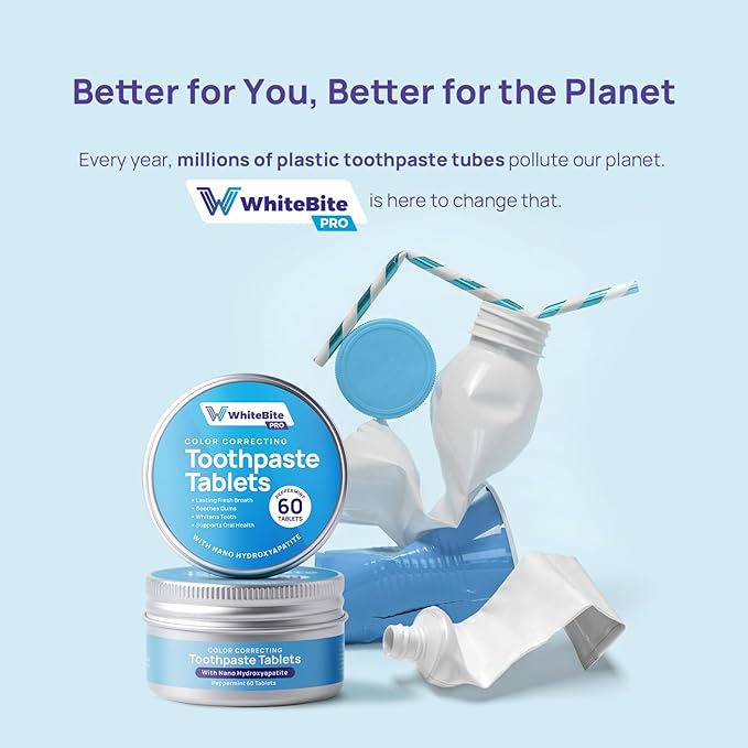 Whitebite Pro Color Correcting Toothpaste Tablets – Natural Whitening & Fresh Breath with Nano Hydroxyapatite | Fluoride-Free, Plastic-Free, Travel-Friendly Toothpaste & Mouthwash (60 Tabs)