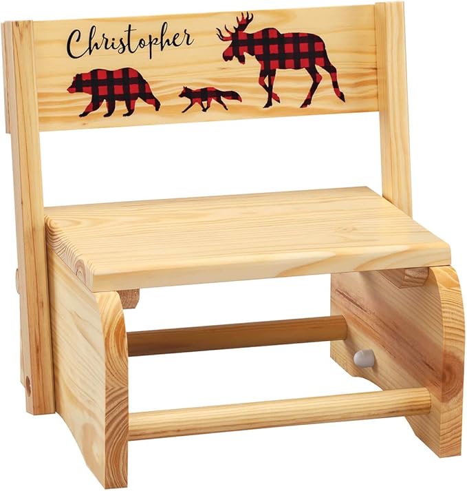 Custom Children's 2-in-1 Step Stool and Chair, Natural Wood, Buffalo Plaid Design with Custom Name