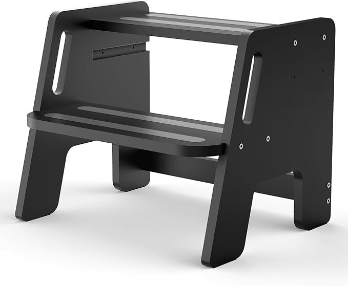 Toddler Step Stool, Wooden Height-Adjustable 2-Step Stool for Kids, Potty Training Stool with Handles for Bathroom Sink, Kitchen, Bedroom-Black