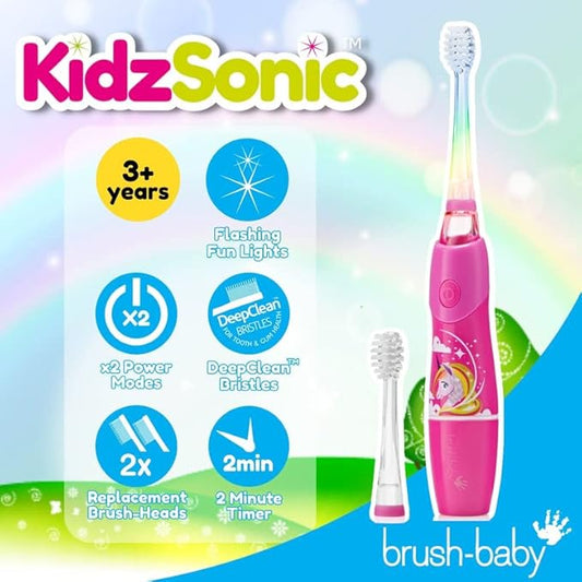 brush-baby - KidzSonic Unicorn Kids Electric Toothbrush, Ages 3+ Years - DeepClean Bristles, Suction Base - Fun Design with Flashing Lights - 2 x Replacement Heads & 1 x AAA Battery