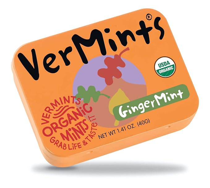 VerMints Organic Breath Mints GingerMint - Real Ginger Flavored Candies - Travel Size Tin - Non-GMO, Nut Free, Gluten Free, Vegan, Kosher Organic Candy Mints - 1.41oz Tins (Pack of 6)