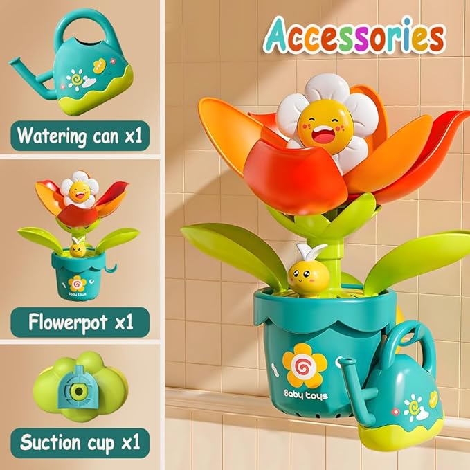 Baby Bath Toy Flower Watering Can Pool Bath Tub Toy with Strong Suction Cup for Baby Age 3+ Years Old Toddlers Boys Girls, BPA Free, Kids Shower Gifts