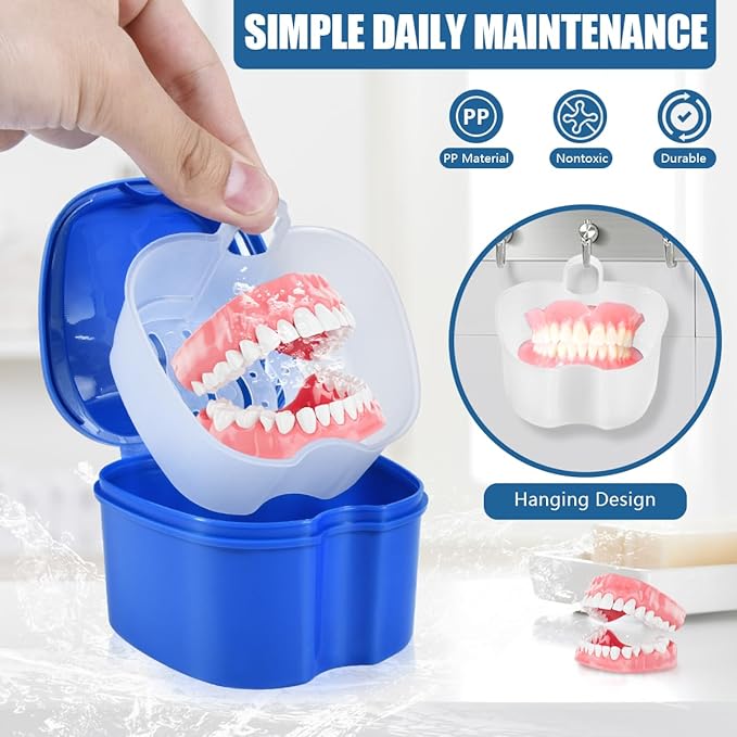 2 Pack Colors Denture Bath Case Cup Box Holder Storage Soak Container with Strainer Basket for Travel Cleaning (Blue and Purple)