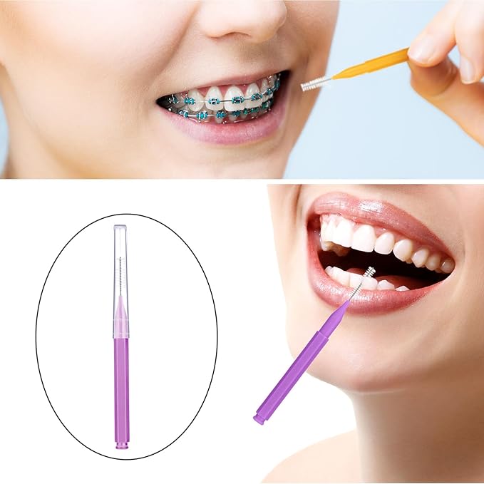 Patelai 100 Pieces Braces Brush for Cleaner Interdental Brush Toothpick Dental Tooth Flossing Head Oral Dental Hygiene Flosser Toothpick Cleaners Tooth Cleaning Tool(Purple, Orange,Cute Size)