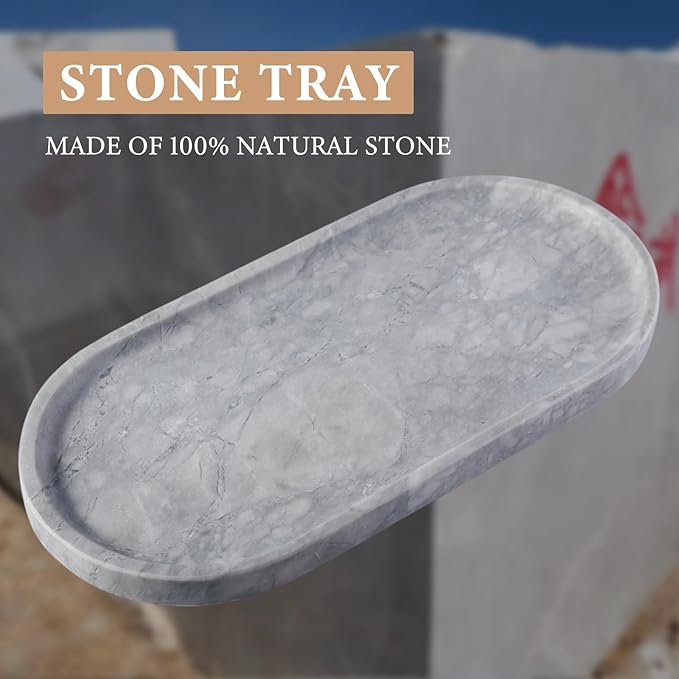 Koville Grey Marble Tray for Bathroom Countertop, 12"x6" Vanity Decorative Marble Tray for Dresser, Stone Catchall Trays for Perfume, Candles, Jewelry, Stone Gray Storage Trays for Home Decor