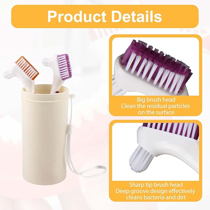 Denture Cleaning Brush Set,Unique Anti-mold Perforated Breathable Cover Denture Cleaning Brush Set with 1 White Carrying Case, Multi-Layered Bristles Ergonomic Rubber Handle for Denture Toothbrush (2)