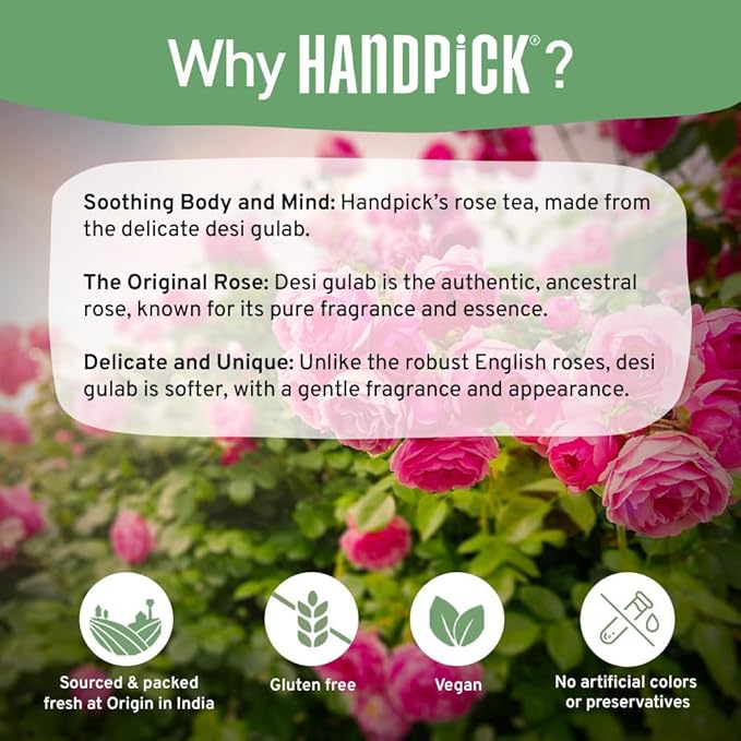 HANDPICK, Rose Buds Herbal Tea Bags - 50 Count | Caffeine Free Rose Tea with Chamomile & Tulsi | Floral & Smooth | Round Eco-conscious Tea Bags