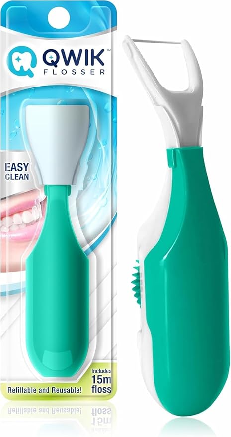QWIK Automatic Dental Flosser | Click-to-Use, Reusable & Refillable | Pre-Loaded Floss with Travel Cover | Easy Flossing for Plaque Removal, Clean Teeth & Fresh Breath (Green)