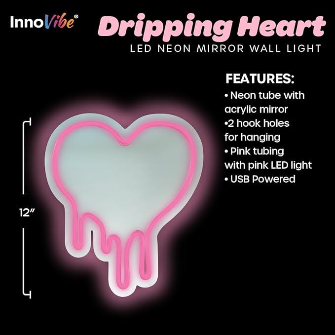 Pink Heart LED Light with Melting Design, Mirror Neon Sign for Bedroom Wall Decor, Light Pink Heart Wall Mirror, 12”x11” Neon Sign for Girls Room