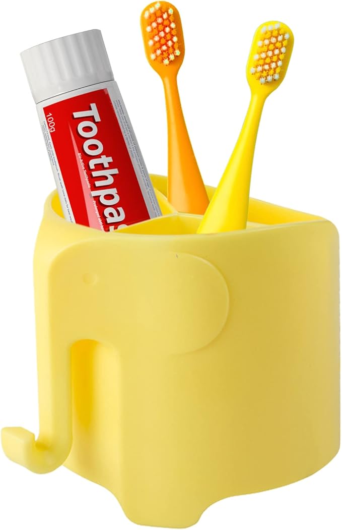 RyanLemon Elephant Toothbrush Holder for Kids, Suction Cup Electric Toothbrush and Toothpaste Holder for Toddler, Cute Toddler Toothbrush Holder with 3 Slots and a Hook for Hanging Bath Ball, Yellow