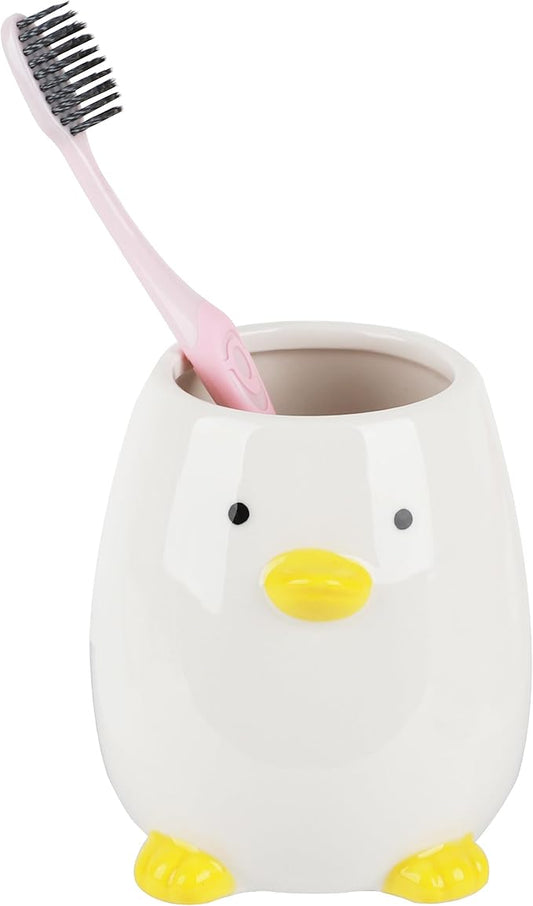 White Ceramic Chick-Shaped Toothbrush Holder, Multi-Functional Storage Cup. Suitable for Bathroom, Kitchen, Bedroom, and Office Decoration (1piece, Chick Design).