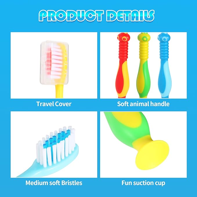 Newday Kids toothbrushes 6 Pack Soft Bristles Fun Lovely with Suction Cup, Includes Travel Covers, Animal toothbrushes for Kids Boys & Girls, Toddlers & Children's Teeth Age 3+, (Blue&Green&Red)