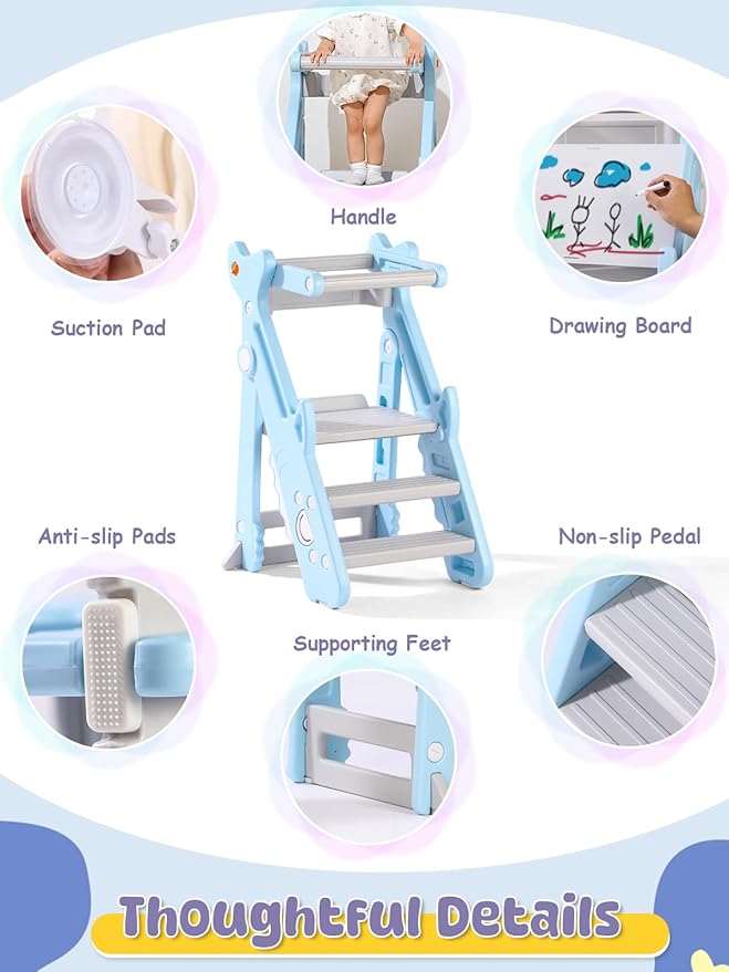 VBABY Foldable Toddler Tower, Plastic Kitchen Stool Helper for Kids, Adjustable Height Standing Tower, Certified Toddler Step Stool, Blue