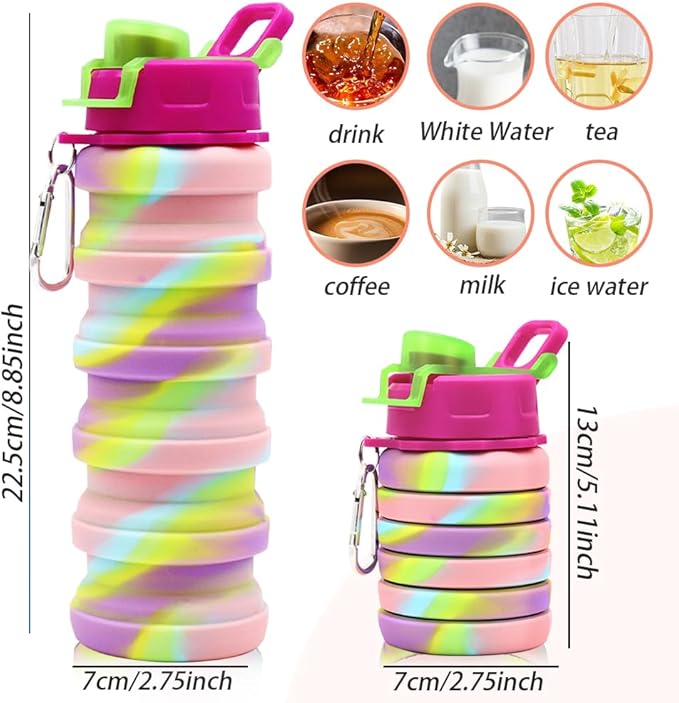 Silicone Collapsible Water Bottles, 16oz 500ml Portable Foldable Expandable Water Bottle Sports Cups, Leak Proof Reusable BPA Free, for Outdoor Activities Travel(2# Pink)