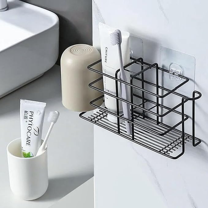 Toothbrush Holder for Bathroom - Metal Countertop Toothbrush and Toothpaste Holder, Creative No-Drill Wall Mounted Tooth Brush Storage Rack Organizer Stand with 2 Mouthwash Cups Hanger (Black)
