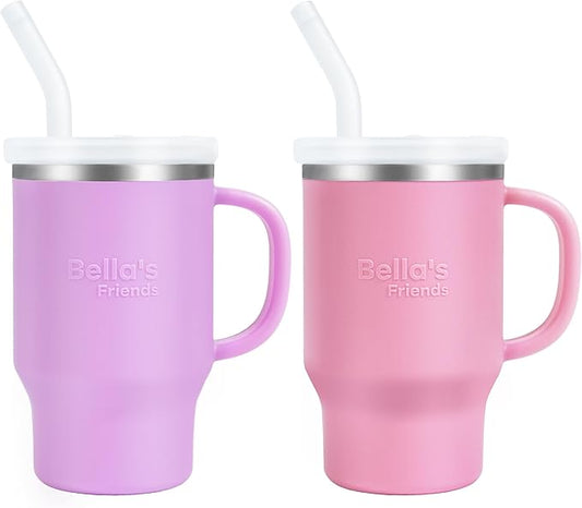 Bella's Friends Handy Mini Tumbler – Adorable 9 oz Toddler Sippy Cup, Stainless Interior & Silicone Body, Leak‑Proof, Dishwasher Safe, Gift for 1-3 Years Old Girls & Boys, 2 Pack, Lilac & Peony