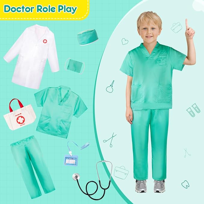 Meland Doctor Costume for Girls - Kids Scrubs with Lab Coat & Carry Bag, Doctor Dress Up for Halloween, Career Day Role Play