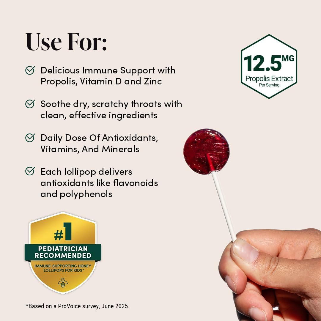 Kids Throat Soothing Lollipops by Beekeeper's Naturals - Doctor Formulated Immune Support, Vitamin D & Honey, Under 2g Sugar, Clean Ingredients,15 ct