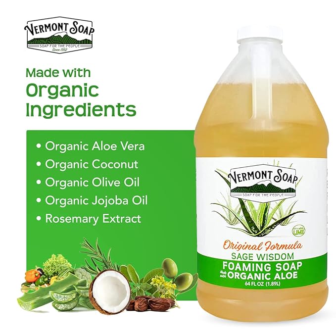 Vermont Soap Organic Sage Lime Wisdom Foaming Hand Soap - Natural Moisturizing Soap for Dry Skin - Fragrance Free Liquid Bathroom Hand Soap - Sage Lime Wisdom - 64 oz