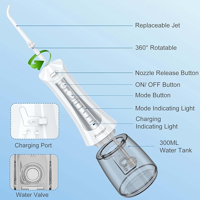 Froomer Cordless Water Flosser – Rechargeable Portable Electric Water Flosser for Teeth, Braces, 5 Modes, IPX7 Waterproof, Travel Friendly, 300ml, White