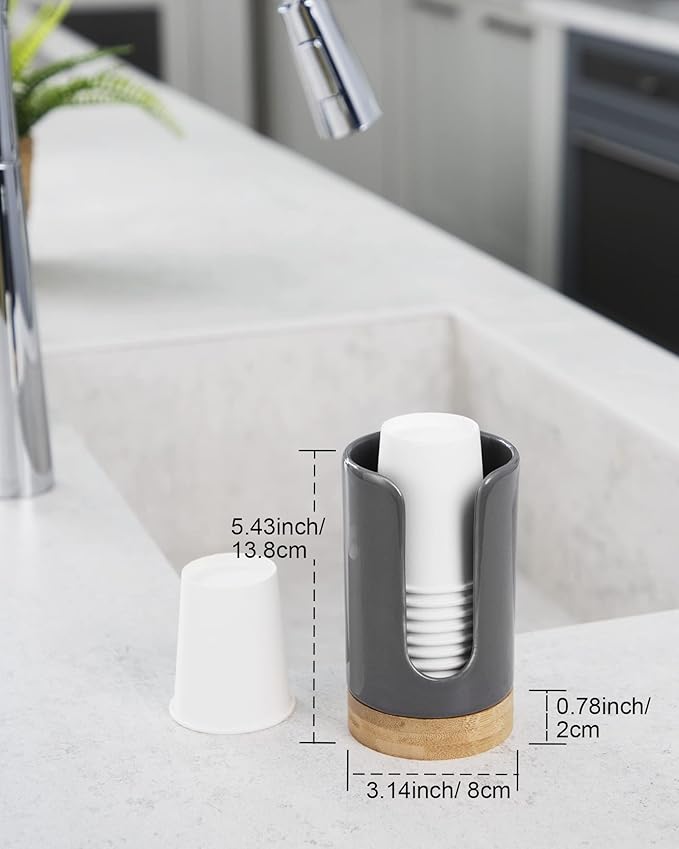 Ceramic Bathroom Cups Dispenser - 3-5 oz Disposable Paper & Plastic Bathroom Cups Holder - Mouthwash Cups Dispenser for Bathroom, Guest Toiletries, Countertop, Coffee - BPA Free (Grey)