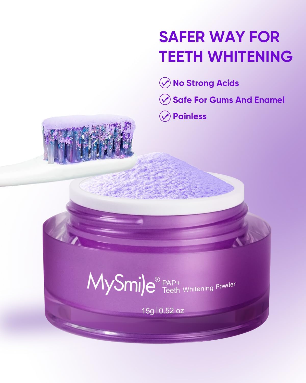MySmile Pap Natural Mint Non-Sensitive Teeth Whitening Powder Cavity Prevention Little Foam for Cleaning Tooth Fresh Breath Care Oral Alternative Fluoride Free Toothpaste -1.04 oz (Bright Purple)